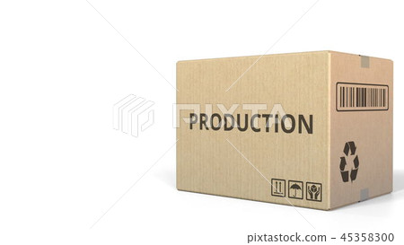 PRODUCTION text on a warehouse carton. 3D rendering PRODUCTION text on a warehouse carton. 3D rendering 45358300