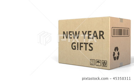 Carton with NEW YEAR GIFTS text, 3D rendering Carton with NEW YEAR GIFTS text, 3D rendering 45358311
