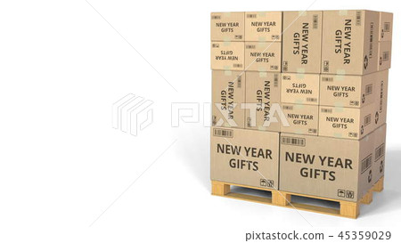 Cartons with NEW YEAR GIFTS text. Conceptual 3D rendering Cartons with NEW YEAR GIFTS text. Conceptual 3D rendering 45359029