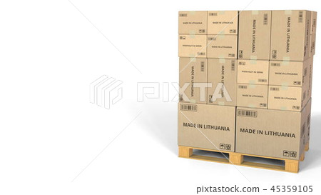 MADE IN LITHUANIA text on warehouse cartons. 3D rendering MADE IN LITHUANIA text on warehouse cartons. 3D rendering 45359105
