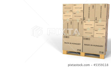Cartons with MADE IN HUNGARY text. Conceptual 3D rendering Cartons with MADE IN HUNGARY text. Conceptual 3D rendering 45359118