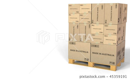 MADE IN AUSTRALIA text on boxes on a pallet. Conceptual 3D rendering 45359191