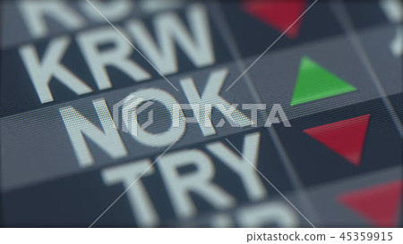 Increasing Norwegian Krone exchange rate indicator on computer screen. NOK forex ticker. 3D Increasing Norwegian Krone exchange rate indicator on computer screen. NOK forex ticker. 3D 45359915