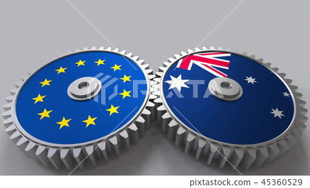 Flags of the European Union and Australia on meshing gears. International cooperation conceptual 3D 45360529