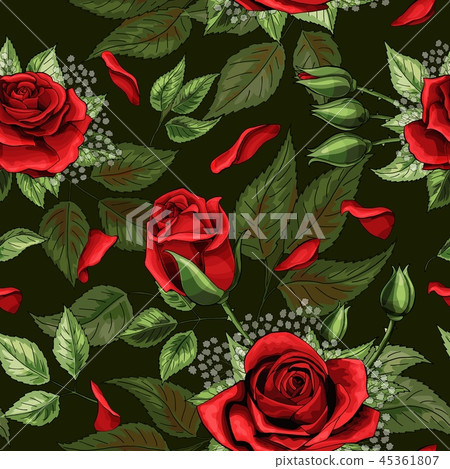 Red rose bouquets and green leaves elements seamless pattern 45361807