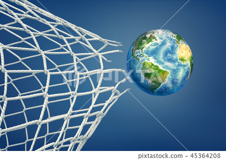 3d rendering of realistic ball colored like an Earth globe flies through a torn football net.