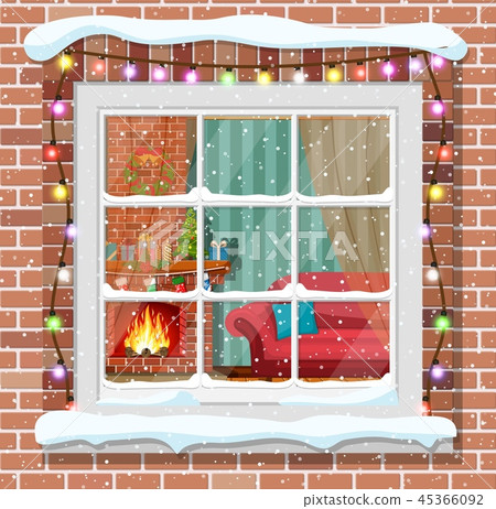Christmas window in brick wall. Christmas window in brick wall. 45366092