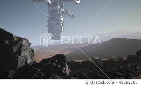 alien spaceship rotate over desert. ufo 45368105