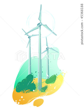 Spinning wind turbines in the field with leaves blowig out of the Spinning wind turbines in the field with leaves blowig out of the 45368188