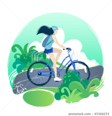 Teenage girl riding the bicycle on the bike path through the green fields. Teenage girl riding the bicycle on the bike path through the green fields. 45368255