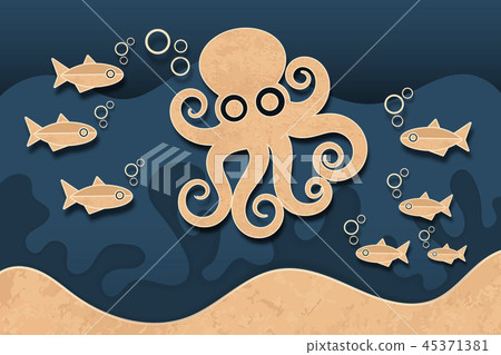 paper octopus and paper fish in the blue ocean. paper octopus and paper fish in the blue ocean. 45371381