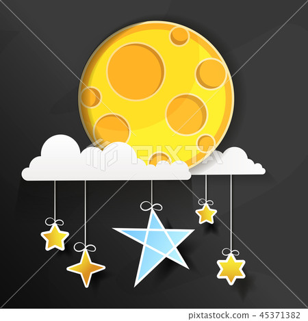 Paper art moon, fluffy clouds and stars Paper art moon, fluffy clouds and stars 45371382