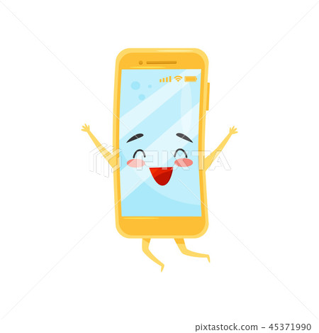 Happy humanized mobile phone in jumping action. Smartphone with cute face. Flat vector element for Happy humanized mobile phone in jumping action. Smartphone with cute face. Flat vector element for 45371990