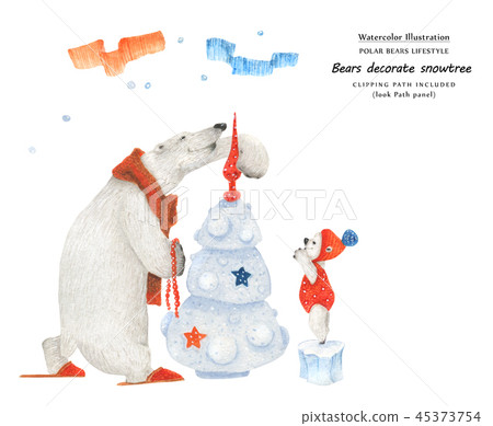 Bears decorate X-mas tree, close-up illustration Bears decorate X-mas tree, close-up illustration 45373754
