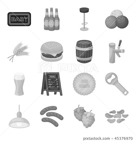 Pub, interior and equipment monochrome icons in set collection for design. Alcohol and food vector Pub, interior and equipment monochrome icons in set collection for design. Alcohol and food vector 45376970
