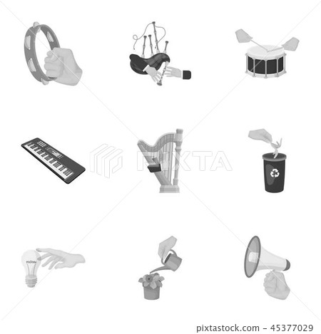Musical instrument, garbage and ecology, electric applianc and other web icon in monochrome style Musical instrument, garbage and ecology, electric applianc and other web icon in monochrome style 45377029