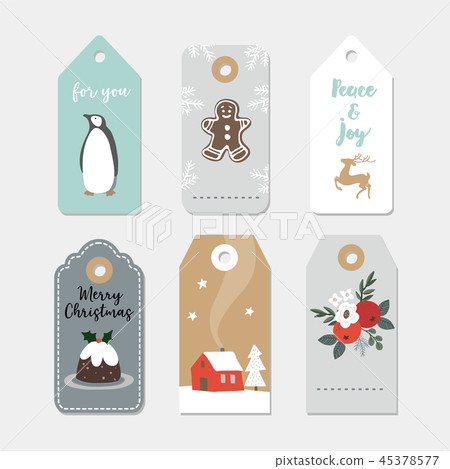 Vintage Christmas gift tags set. Hand drawn labels with winter flowers, fruit, pudding, penguin bird Vintage Christmas gift tags set. Hand drawn labels with winter flowers, fruit, pudding, penguin bird 45378577