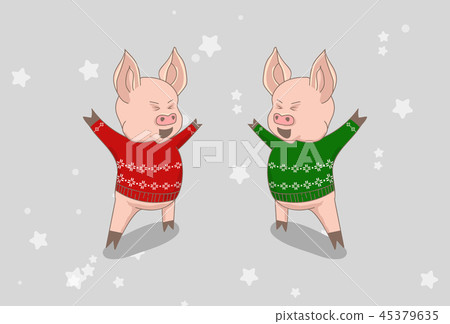 Vector illustration, Happy New Year 2019 funny card design with cartoon pig Vector illustration, Happy New Year 2019 funny card design with cartoon pig 45379635