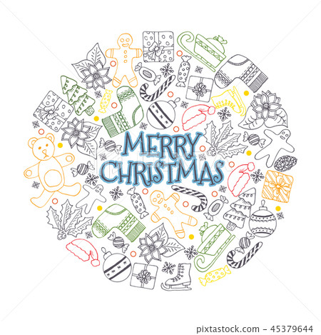 Vector pattern with hand drawn fir trees, gift, bows, christmas toys. Seasonal winter background on 45379644