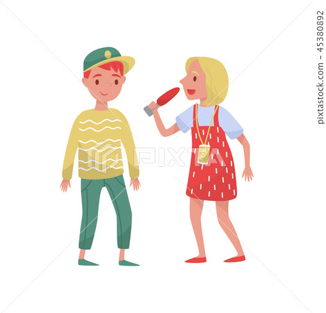 Woman journalist making interview with young guy. Reporter speaking into microphone. Television 45380892