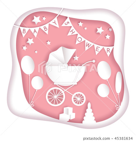 Vector paper cut illustration with baby's stroller. Baby shower  45381634