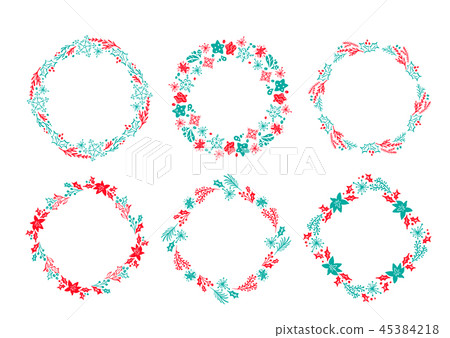 Set of vector Christmas Scandinavian Hand Drawn wreath red and blue Floral Winter Design Elements 45384218
