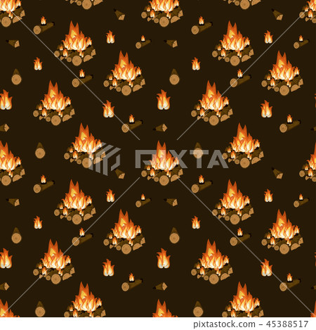 Burning bonfire, firewood and flames on dark brown background seamless pattern. 45388517