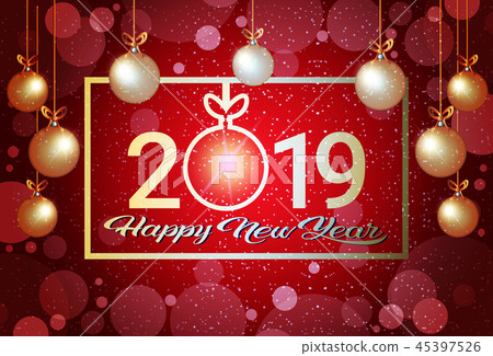 merry christmas happy new year 2019 concept golden balls decoration greeting card red background 45397526
