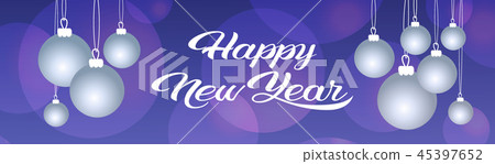 merry christmas happy new year concept white balls decoration greeting card horizontal banner 45397652