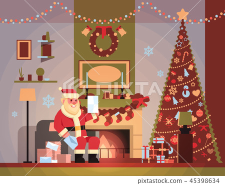 santa claus in living room decorated for christmas new year holiday sit armchair pine tree fireplace santa claus in living room decorated for christmas new year holiday sit armchair pine tree fireplace 45398634