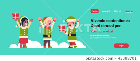 mix race elves girl boy santa claus helper hold gift box present merry christmas holiday new year mix race elves girl boy santa claus helper hold gift box present merry christmas holiday new year 45398701
