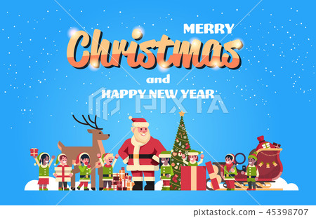 santa claus elves reindeer near fir tree decoration gift box christmas holiday new year concept flat 45398707