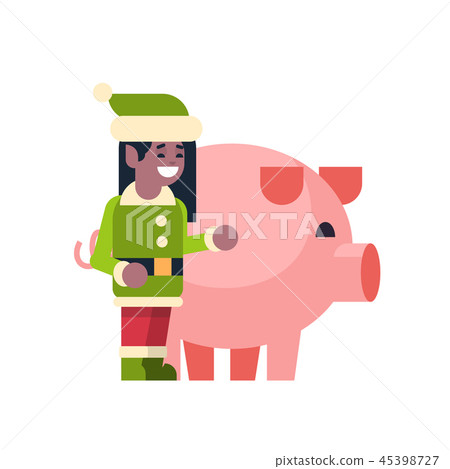 elf girl santa claus helper with pig merry christmas holiday new year concept flat isolated elf girl santa claus helper with pig merry christmas holiday new year concept flat isolated 45398727