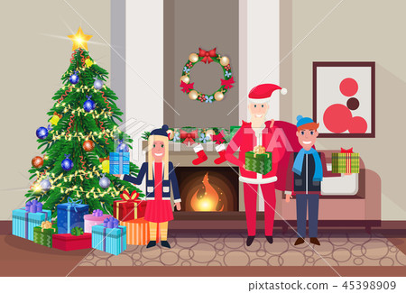merry christmas happy new year snata claus with children in living room pine tree fireplace home merry christmas happy new year snata claus with children in living room pine tree fireplace home 45398909