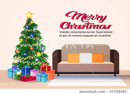 Modern living room merry christmas happy new year decorated gift boxes pine tree sofa flat Modern living room merry christmas happy new year decorated gift boxes pine tree sofa flat 45398985