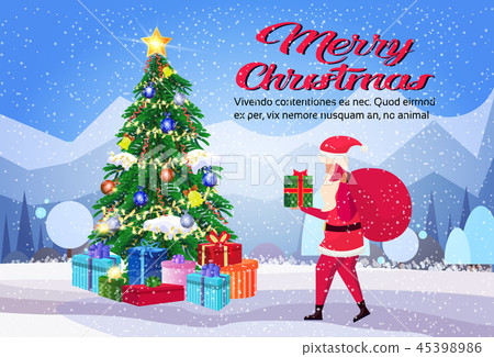 santa claus hold wrapped gift box present decorated fir tree merry christmas new year holiday santa claus hold wrapped gift box present decorated fir tree merry christmas new year holiday 45398986