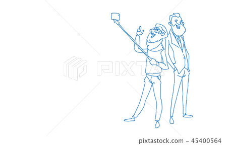 two men taking selfie photo smart phone stick men tourists full length sketch doodle horizontal two men taking selfie photo smart phone stick men tourists full length sketch doodle horizontal 45400564