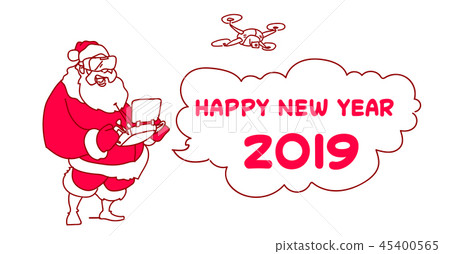 Santa Claus wear virtual reality digital glasses headset drone flying copy space horizontal full Santa Claus wear virtual reality digital glasses headset drone flying copy space horizontal full 45400565