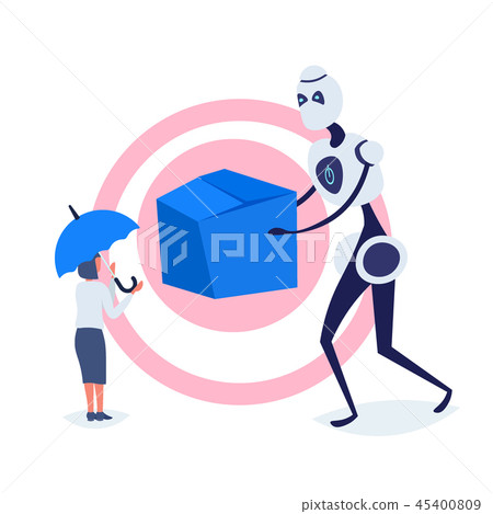 businesswoman receiving cardboard box from modern robot courier online shopping artificial businesswoman receiving cardboard box from modern robot courier online shopping artificial 45400809