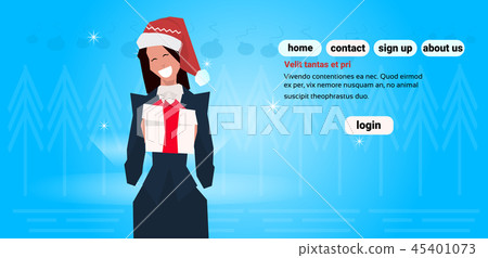 brunette businesswoman wearing red hat hold gift box happy new year merry christmas concept flat 45401073