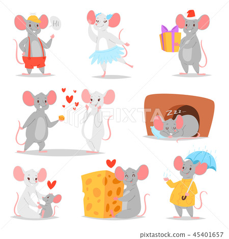 Cartoon mouse vector mousy animal character rodent and funny rat with cheese illustration mousey set 45401657