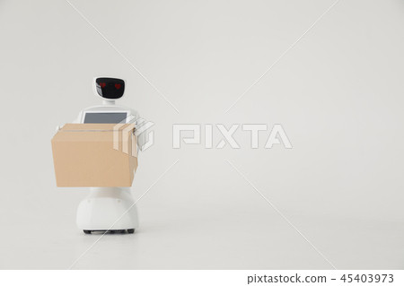 Humanoid autonomous robot with cardboard box in hand on white background. the robot delivers the 45403973