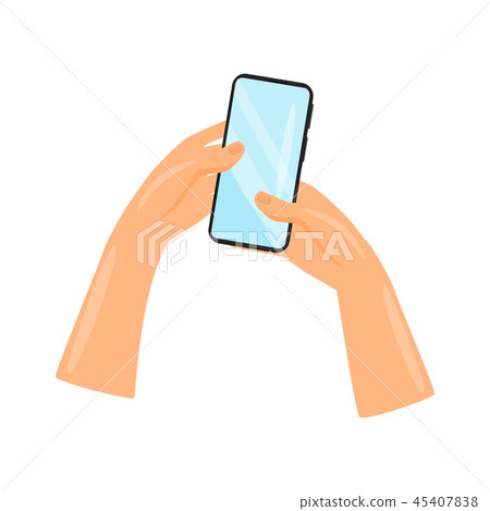 Mobile phone with blue touch screen in human hands. Gadget for communication. Black smartphone. Flat 45407838