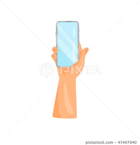 Human right hand holding mobile phone. Smartphone with blue touch screen. Modern gadget. Flat vector 45407840