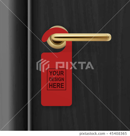 Vector realistic paper red door hanger on black realistic wooden door with metal gold handle 45408365