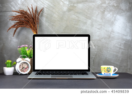 Laptop with blank screen on table Laptop with blank screen on table 45409839