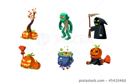 Halloween related objects and creatures set, zombie, scary pumpkin, death with scythe, cauldron of 45410468