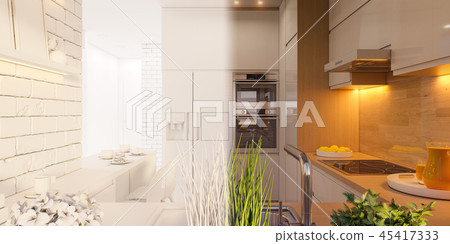 3d illustration kitchen interior design panorama in white color 3d illustration kitchen interior design panorama in white color 45417333