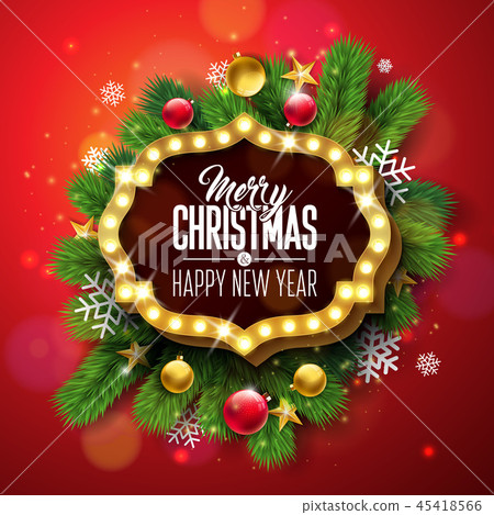 Merry Christmas and Happy New Year Illustration with Light Sign Board and Pine Branch on Red 45418566