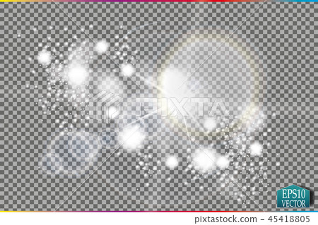 Set of golden glowing lights effects isolated on transparent background. Sun flash with rays and 45418805